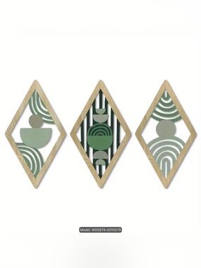 Modern Geometric Wall Art Trio in Green and Natural Wood